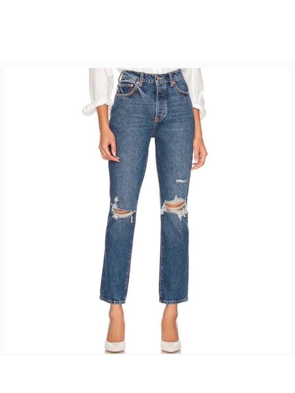 Lovers and Friends Reece Hi Rise Straight Medium Blue Distressed Jeans Sz 27 NWT